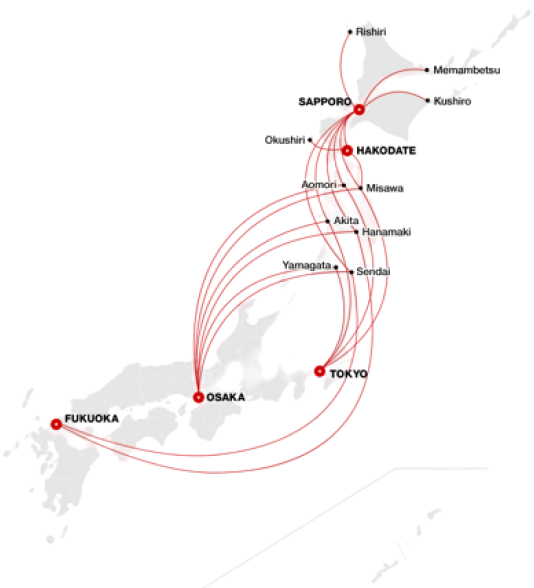 JAL JEP Routes Map Hokkaido area and Departing from and to Tohoku